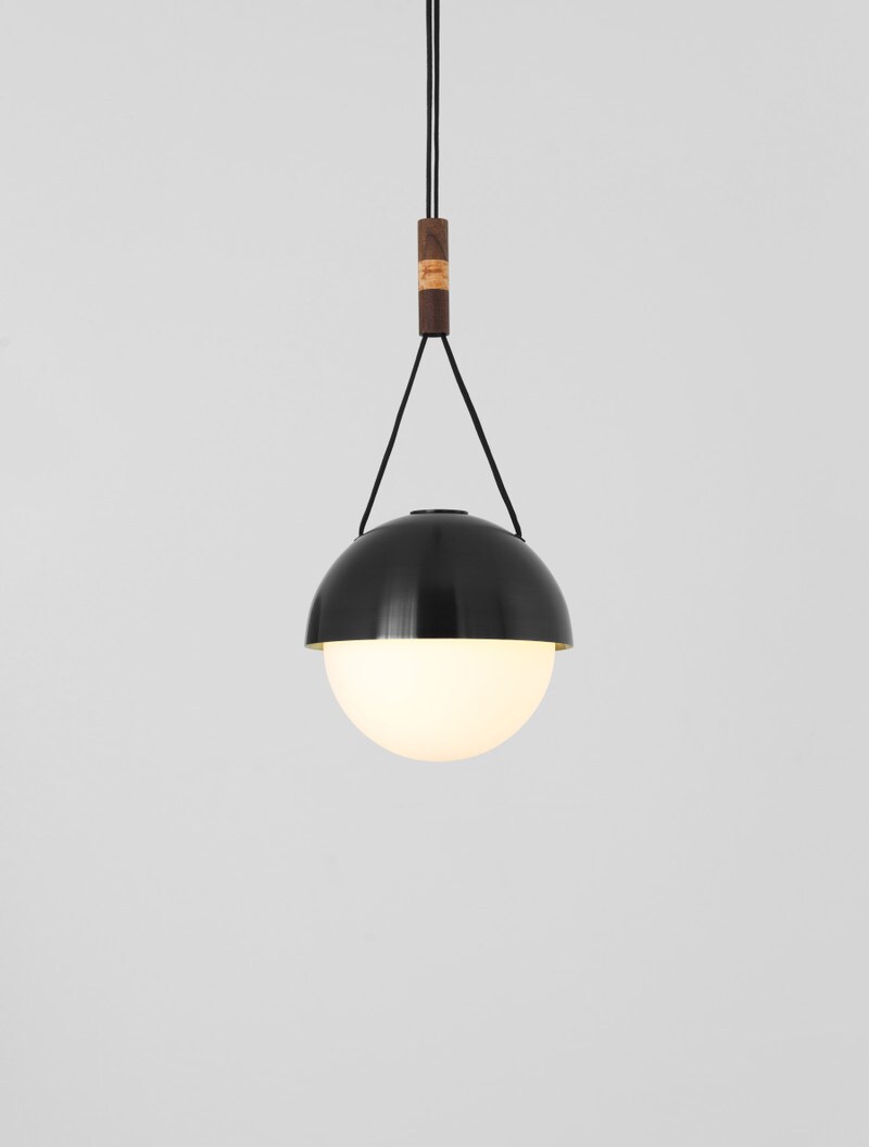 A-Frame Half Moon 09" shown in Blackened Brass, Black Walnut & Maple, Opal Globe